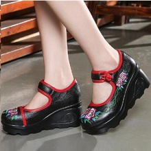 Spring Autumn Fashion Retro China Style Cow Leather Women Pumps Wedges Embroidery Ankle-Wrap Platform Buckle Lady Shoes 20190711 2024 - buy cheap