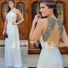 Elegant Ivory Satin Beaded Evening Dresses Long Abendkleider 2019 Backless A-Line Formal Dress Evening Gown Robe De Soiree 2024 - buy cheap