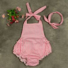 Pelele Vintage a rayas de algodón para niñas pequeñas, con diadema de nudo, novedad 2024 - compra barato