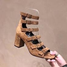 Retro Suede Leather Strap Metal Buckle Peep toe Sandals Boots Women Chunky Heels Bottines Shoes Gladiator Summer Ankle Boots 2024 - buy cheap