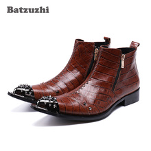 Batzuzhi botas masculinas de couro genuíno, botas estilo italiano da moda, bico ponteagudo, botas tornozelo artesanais, botas marrom de luxo para homens 2024 - compre barato