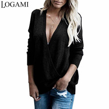 LOGAMI Deep V Neck Sexy Pullovers and Sweaters Women Autumn Winter Casual Fashion Sweater Female Knitted Jumpers 2024 - buy cheap