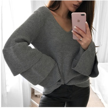 Amolapha-suéteres sueltos de manga en capas para mujer, suéter de punto sólido con cuello en V, jerséis elegantes 2024 - compra barato