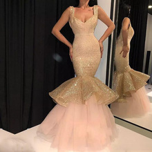Shinning Mermaid Prom Gowns V Neck Tiered Sleeveless Elegant Evening Party Dress Floor Length Sequined Tulle Vestidos de fiesta 2024 - buy cheap