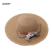 SUOGRY-sombreros de fiesta de té para mujer, sombrero plegable flexible, flores, playa, de paja, ala ancha, plano 2024 - compra barato