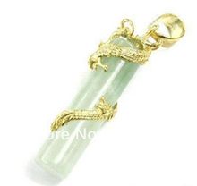 Wholesale free shipping >>>>>New Vogue Cylinder Green stone Dragon Carved 18KGP Women Men Pendants Necklaces 2024 - buy cheap
