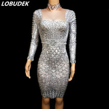 Женское стрейчевое короткое платье, облегающее платье серебристо-серого цвета с жемчужинами и кристаллами, для празднования дня рождения, для сцены 2024 - купить недорого