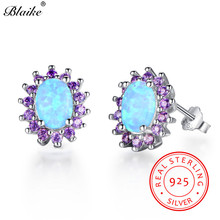 Blaike 100% Real 925 Sterling Silver Oval Blue Fire Opal Stud Earrings 10MM*8MM Purple Zircon Birthstone Earrings Fine Jewelry 2024 - buy cheap