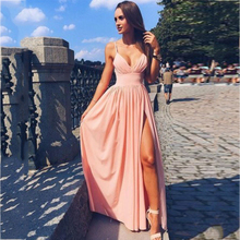 Sexy V-neck Pink Long Bridesmaid Dresses 2018 Simple Pleats Side Split Women Prom Dress Vestido De Festa Prom Party Gowns 2024 - buy cheap