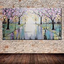 Pintura al óleo sobre lienzo para decoración de pared del hogar, cuchillo abstracto pintado a mano con flores rosas, lámpara de calle de carretera, envío gratis 2024 - compra barato