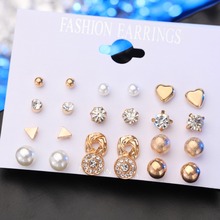 Conjunto de pendientes para damas, 12 pares, Bola de perlas simulada, cristal, corazón, Piercing, pendientes de tuerca, regalos de compromiso 2024 - compra barato