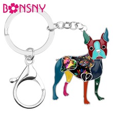 Bonsny Enamel Alloy Rhinestone Crystal Boston Terrier Dog Key Chains Keychains Holder Animal Jewelry For Women Girls Bag Charms 2024 - buy cheap