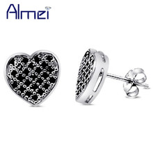 Almei 15%Off Black Heart Love Earrings Zircon for Women Girl Gifts Crystal Stud Earring 925 Silver CZ Zircon Cheap Jewelry 2024 - buy cheap