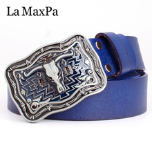 Man cow belt Cowboy jean belt men's genuine leather belt cowhide Wild western cow bull head skull pattern metal buckle 2024 - buy cheap