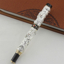 Ручка-роллер Jinhao, винтажная шариковая ручка с двойным играющий дракон и жемчугом, Серебристая и Черная Металлическая резьба, тиснение, тяжелая ручка для офиса 2024 - купить недорого