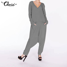 Celmia 2020 Autumn Women Long Sleeve Solid Rompers Loose Pockets Jumpsuits Casual Sexy V-Neck Pleated Playsuits Wide Leg Pants 2024 - buy cheap