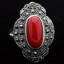 24*16mm Vintage silver color Oval Red Coral  Marcasite Ring Size 7/8/9/10 2024 - buy cheap