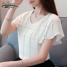 2019 Summer short sleeve chiffon women's clothing new fashion plaid women blouse shirt white v-neck women's tops blusas D741 30 2024 - buy cheap