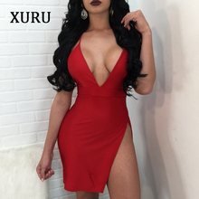 XURU-vestido Bandage con escote en V profundo para mujer, minivestido Sexy con hombros descubiertos y espalda descubierta, rojo y negro, Vestido corto de fiesta para discoteca 2024 - compra barato
