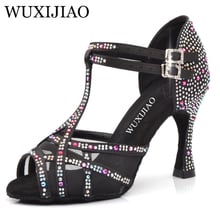 WUXIJIAO Ladies Latin dance shoes with black satin rhinestone style high heels salsa dancing shoes heel 9cm 2024 - buy cheap