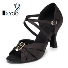 HXYOO Rhinestone Buckle Black Gold Satin Salsa Shoes For Ballroom Dancing Heel Customized Latin Dance Women Sandals Girls 1810 2024 - buy cheap