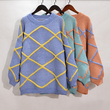 PERHAPS U Women Sweater Knitted Pullovers Long Sleeve Turquoise Blue Orange Argyle O Neck Loose Autumn Winter M0171 2024 - buy cheap