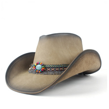 2019 Women's Men's Winter Leather Cowboy Western Cowgirl Fedora Hat Tassel Turquoise Bead Leather Band 2024 - buy cheap