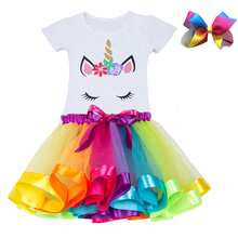Комплект летней одежды принцессы с единорогом, одежда для маленьких девочек, разноцветное праздничное платье-пачка с единорогом, нарядные платья для дня рождения, 2019 2024 - купить недорого