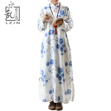 LZJN White Autumn Dress 2019 Long Sleeve Blue Floral Vintage Robe Ethnic Chinese Style Maxi Tunic Elegant Dress Shift Side Split 2024 - buy cheap