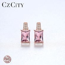 CZCITY Design Cute 925 Silver Sterling Square Stud Earrings for Women Party Luxury Pink Gemstone Fashion Pendientes Jewelry Gift 2024 - buy cheap