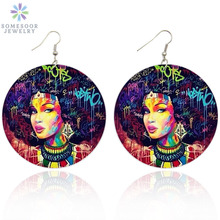 SOMESOOR Afro Natural Hair Women Wooden Drop Earrings African Dearm 6cm Flat Round Both Sides Painting Jewelry For Blacks Gift 2024 - buy cheap