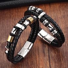 Xqni pulseira masculina de couro, moderna, aço inoxidável, pulseiras, masculina, estilo casual 2024 - compre barato