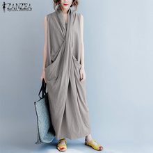 2021 ZANZEA Women Maxi Dress Casual Sleeveless Deep V Neck Asymmetric Hem Long Vestido Oversized Summer Beach Sundress  2024 - buy cheap