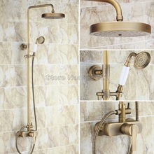 Conjunto de torneira de bronze para parede com misturador, conjunto antigo de torneira para banheiro e chuveiro com pulverizador de mão + cabeça redonda de chuveiro wrs178 2024 - compre barato