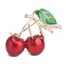 Fashion Double Cherry Rhinestone Brooch Pin Branch Cerise Fruit Green Leaf Badge Jewelry Christmas Gift brooches rosette brosche 2024 - buy cheap