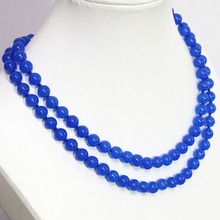 Fashion blue semi-precious chalcedony jades stone long chain necklace 8,10,12mm round beads high grade jewelry 36inch B1485 2024 - buy cheap