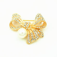 2 Inch Gold Color Clear Rhinestone Crystal Diamante Ivory Pearl Bow Party Brooch 2024 - buy cheap