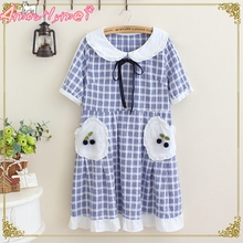 2018 Summer Women Dress Japanese Style Mori Girl Sweet Bow Lacing Peter Pan Collar Ruffles Cherry Pocket Plaid Cute Casual Dress 2024 - buy cheap