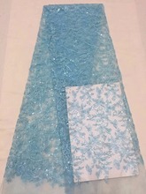 Royal Sky Blue French African Lace Fabric Guipure 3d flower embroidered Beads Cord Tulle Mesh Lace For Wedding Dress 2024 - buy cheap