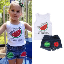Conjuntos de roupas lindos para meninas 1-6 anos, jogo de 2 peças, melancia, estampa de letras, colete branco, tops azul, shorts 2024 - compre barato