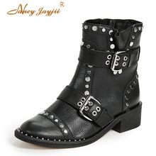 Black Motorcycles Boots Woman Ankle Bota Female Shoes Luxury Rivets Buckle Strap Plush Low Chunky Heels Big Size 45 43 44 2024 - buy cheap