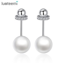 LUOTEEMI-pendientes de perlas blancas coreanas para mujer, aretes pequeños con incrustación de circonita cúbica transparente, joyería 2024 - compra barato