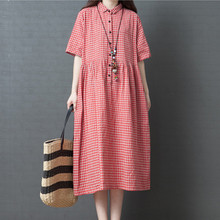 Vestido xadrez de linho com manga curta uego, vestido feminino vintage de linho com botões de algodão estilo chinês casual 2024 - compre barato