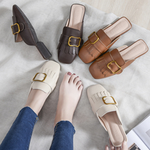 tassel metal square buckle slippers women outdoor breathable leather mules woman autumn low heel slides woman mules shoes 2024 - buy cheap