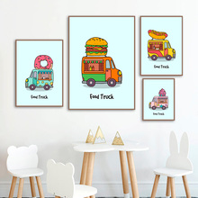 Impresiones sobre lienzo para decoración de la habitación de los niños, pósteres nórdicos con impresiones de hamburguesa, perro caliente, helado, Donuts, camión de comida, arte de pared 2024 - compra barato