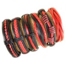Handmade Lovely Wholesale 6pcs/lot ethnic tribal genuine adjustable Red&Black leather bracelets for women -S39 2024 - buy cheap