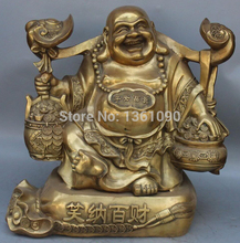 xd 00364 20" Bronze Happy Laugh Maitreya Buddha Wealth Money Bag Ruyi Jubao Pen Statue 2024 - buy cheap