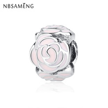 New 100% 925 Sterling Silver Bead Charm Pink Rose Flower Bloom Pendant Enamel Charms Fit  Bracelets DIY Women Jewelry 2024 - buy cheap