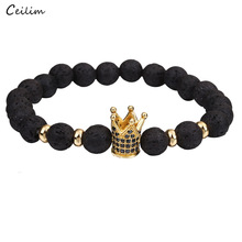 Pulsera de corona de rey para hombre y mujer, brazalete de cuentas de piedra de Lava negra de 8mm, regalo de joyería de lujo 2024 - compra barato