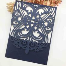 50pcs Pearl Paper Pocket Wedding Invitation Card Navy blue color Laser Cut Carved Wedding Birthday Decor Greeting Blessing Card 2024 - buy cheap